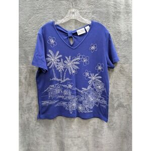Coastal Top Womens Medium Blue Embroidered Scenery Tropical Keyhole Back Casual